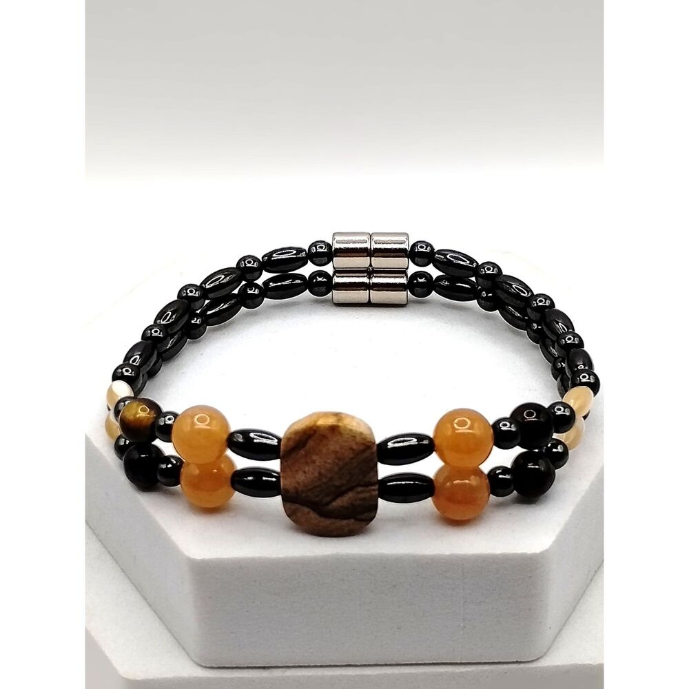 Black Agate and Carnelian Beaded Double Strand with Jasper Center Piece Bracelet